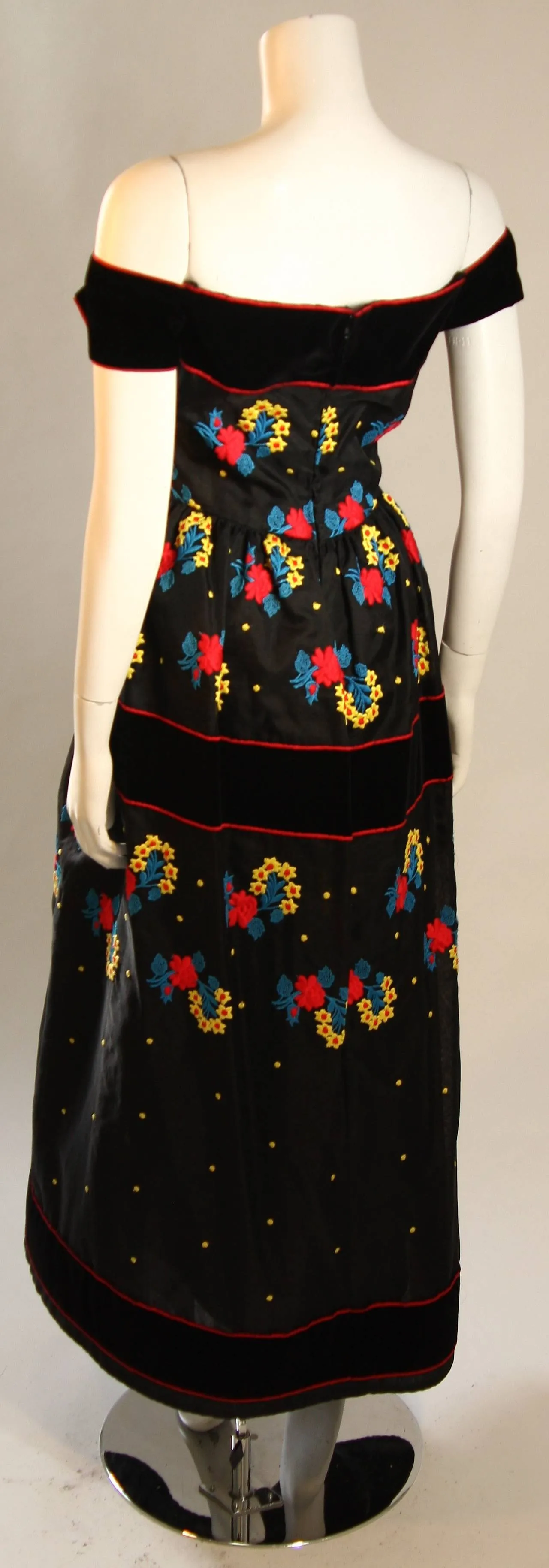 ARNOLD SCAASI Black Velvet Embroidered Gown with Belt