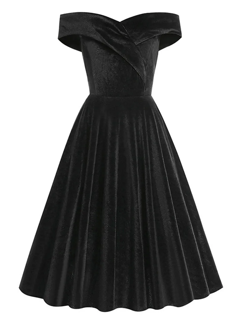 Christmas Red Off Shoulder Velvet 1950S Vintage Swing Dress