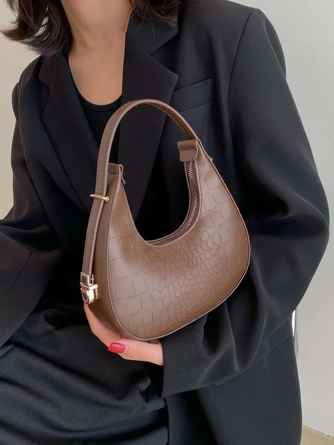 Croc Embossed Top Handle Hobo Bag - Chocolate Brown